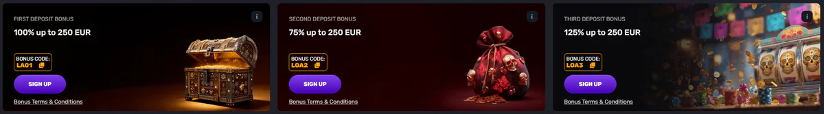 Voodoo Casino deposit bonuses of 100%, 75% and 125% up to €250 each for the first three deposits with bonus codes LA01, LOA2 and LOA3