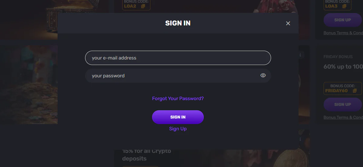 Voodoo Casino sign-in form with email address and password fields, password recovery link and sign-up option